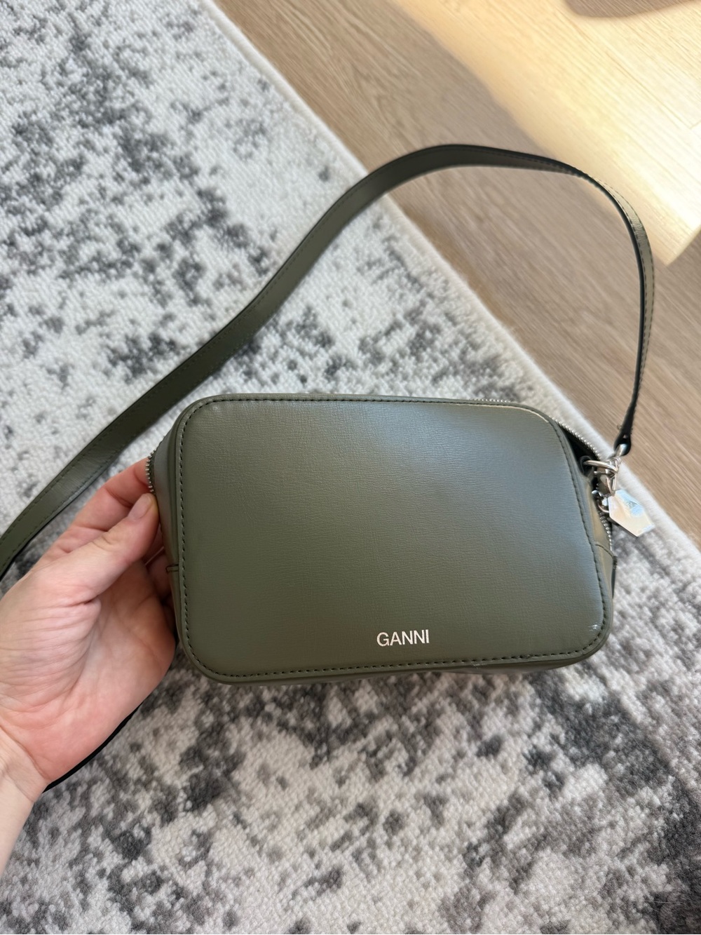 Ganni Olive Green Leather Crossbody Camera Bag